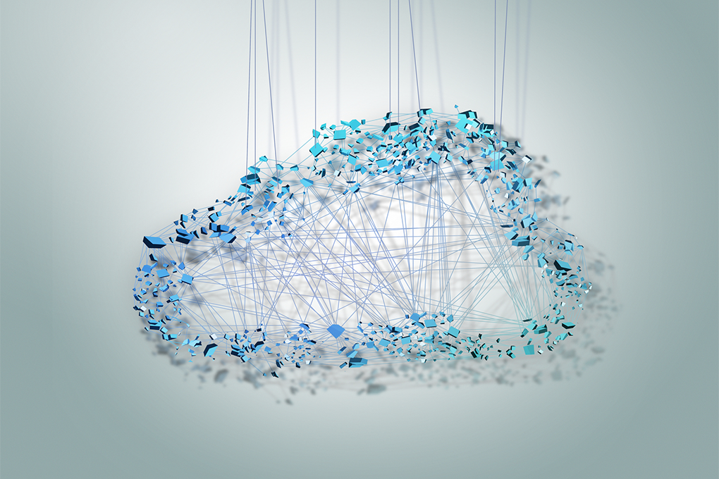 ab-in-die-cloud-blog-acc künstliche Wolke mit blauen Details hängt an blauen Fäden in der Luft