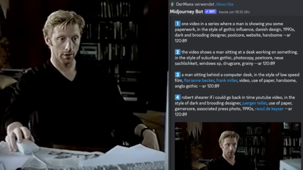 Ein Screenshot der 'Bin ich schon drin?'-Werbung mit Boris Becker. Daneben die Ausgabe, was Midjourney erkennt.